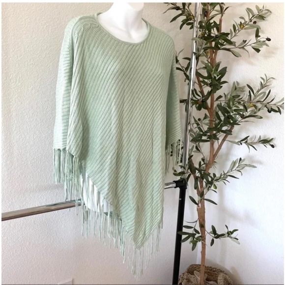 171 Chico’s Teal Cape Sweater Fringe Finley Fringe Poncho Spring - Picture 3 of 10